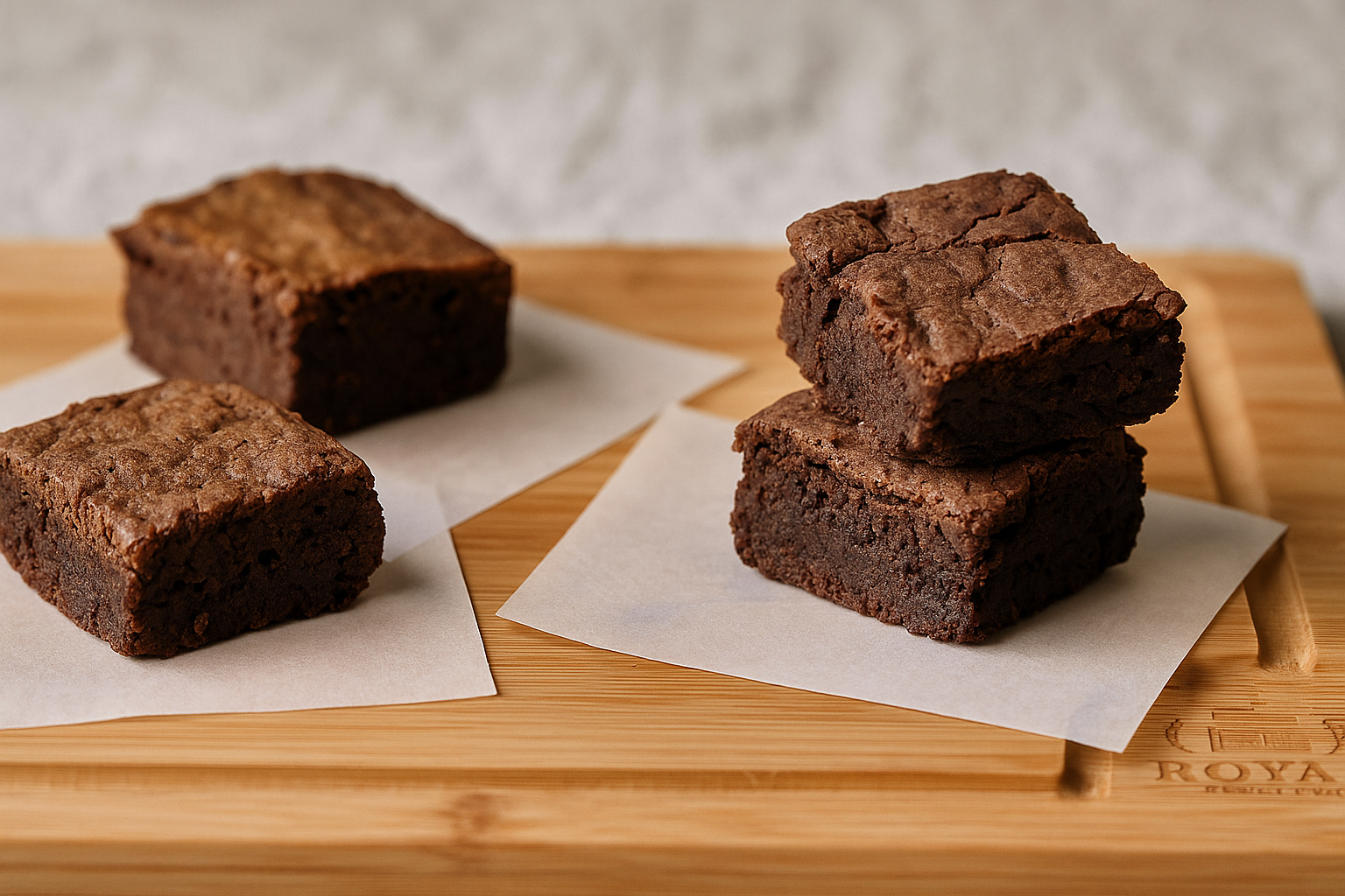 Four rectangular brownies are displayed on a bamboo cutting board alongside a glass of milk and blondies.