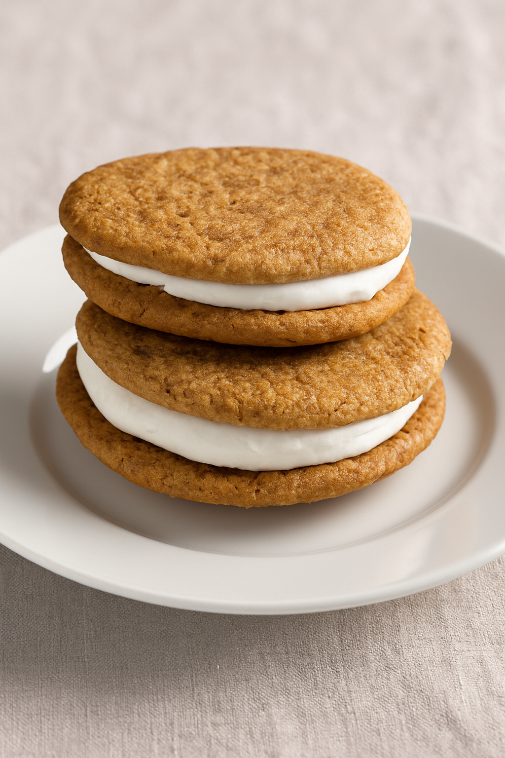 Three oatmeal crème pies stacked on a white plate, set on a natural fabric.